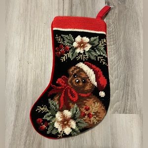 Small Vintage Needlepoint Christmas Stocking Black And Red Teddy Bear Holly